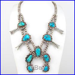 Vintage Navajo Sterling Silver Kingman Turquoise Squash Blossom Naja Necklace G