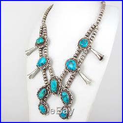 Vintage Navajo Sterling Silver Kingman Turquoise Squash Blossom Naja Necklace G