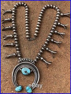 Vintage Navajo Sterling Silver Kingman Turquoise Squash Blossom Necklace 28