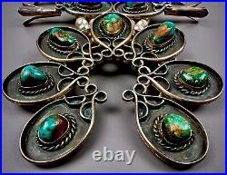 Vintage Navajo Sterling Silver Royston Turquoise Squash Blossom Necklace HUGE