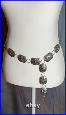 Vintage Navajo Sterling Silver Turquoise Concho Tooled Belt Ice Cube Test 36 L