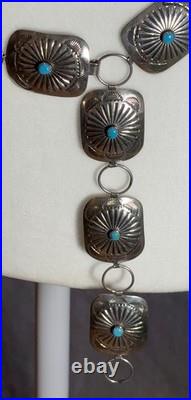 Vintage Navajo Sterling Silver Turquoise Concho Tooled Belt Ice Cube Test 36 L