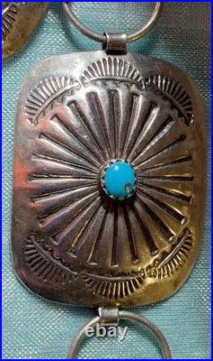 Vintage Navajo Sterling Silver Turquoise Concho Tooled Belt Ice Cube Test 36 L