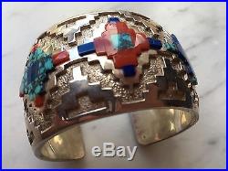 Vintage Navajo Sterling Silver Turquoise Coral Bracelet Cuff By Cecil Ashley