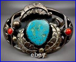 Vintage Navajo Sterling Silver Turquoise & Coral Cuff Bracelet SOLID