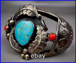 Vintage Navajo Sterling Silver Turquoise & Coral Cuff Bracelet SOLID