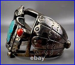 Vintage Navajo Sterling Silver Turquoise & Coral Cuff Bracelet SOLID