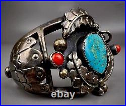 Vintage Navajo Sterling Silver Turquoise & Coral Cuff Bracelet SOLID