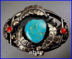 Vintage Navajo Sterling Silver Turquoise & Coral Cuff Bracelet SOLID