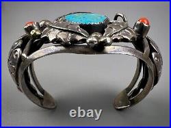 Vintage Navajo Sterling Silver Turquoise & Coral Cuff Bracelet SOLID