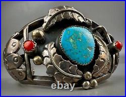 Vintage Navajo Sterling Silver Turquoise & Coral Cuff Bracelet SOLID