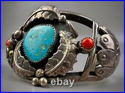 Vintage Navajo Sterling Silver Turquoise & Coral Cuff Bracelet SOLID