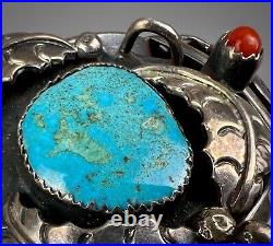 Vintage Navajo Sterling Silver Turquoise & Coral Cuff Bracelet SOLID