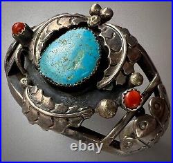 Vintage Navajo Sterling Silver Turquoise & Coral Cuff Bracelet SOLID