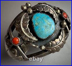 Vintage Navajo Sterling Silver Turquoise & Coral Cuff Bracelet SOLID