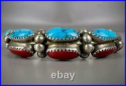 Vintage Navajo Sterling Silver Turquoise & Coral Cuff Bracelet THICK & SOLID