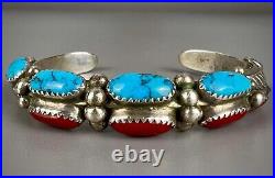 Vintage Navajo Sterling Silver Turquoise & Coral Cuff Bracelet THICK & SOLID