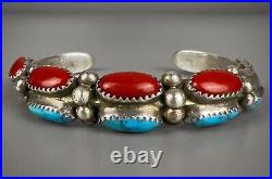 Vintage Navajo Sterling Silver Turquoise & Coral Cuff Bracelet THICK & SOLID