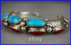 Vintage Navajo Sterling Silver Turquoise & Coral Cuff Bracelet THICK & SOLID