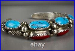 Vintage Navajo Sterling Silver Turquoise & Coral Cuff Bracelet THICK & SOLID