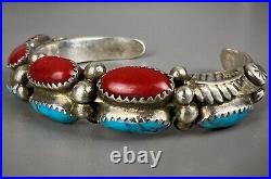 Vintage Navajo Sterling Silver Turquoise & Coral Cuff Bracelet THICK & SOLID