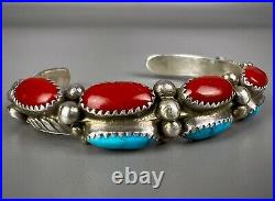 Vintage Navajo Sterling Silver Turquoise & Coral Cuff Bracelet THICK & SOLID