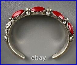 Vintage Navajo Sterling Silver Turquoise & Coral Cuff Bracelet THICK & SOLID