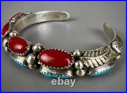 Vintage Navajo Sterling Silver Turquoise & Coral Cuff Bracelet THICK & SOLID