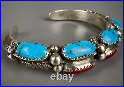 Vintage Navajo Sterling Silver Turquoise & Coral Cuff Bracelet THICK & SOLID