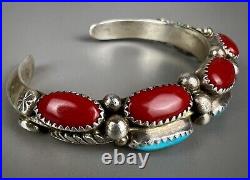 Vintage Navajo Sterling Silver Turquoise & Coral Cuff Bracelet THICK & SOLID