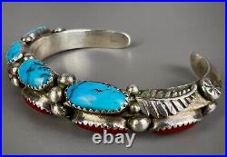 Vintage Navajo Sterling Silver Turquoise & Coral Cuff Bracelet THICK & SOLID