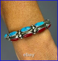 Vintage Navajo Sterling Silver Turquoise & Coral Cuff Bracelet THICK & SOLID