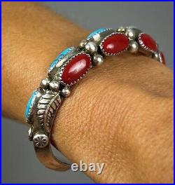 Vintage Navajo Sterling Silver Turquoise & Coral Cuff Bracelet THICK & SOLID