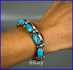 Vintage Navajo Sterling Silver Turquoise & Coral Cuff Bracelet THICK & SOLID