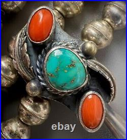 Vintage Navajo Sterling Silver Turquoise & Coral Squash Blossom Necklace NICE