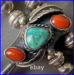 Vintage Navajo Sterling Silver Turquoise & Coral Squash Blossom Necklace NICE