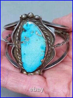 Vintage Navajo Sterling Silver & Turquoise Cuff Bracelet Large Stone Circa 1940
