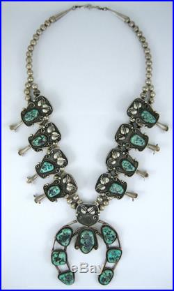 Vintage Navajo Sterling Silver Turquoise Large Squash Blossom 24 Necklace 223g