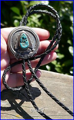 Vintage Navajo Sterling Silver & Turquoise Leather Cord Bolo with Silver Ends