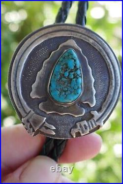 Vintage Navajo Sterling Silver & Turquoise Leather Cord Bolo with Silver Ends