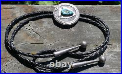 Vintage Navajo Sterling Silver & Turquoise Leather Cord Bolo with Silver Ends