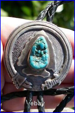 Vintage Navajo Sterling Silver & Turquoise Leather Cord Bolo with Silver Ends