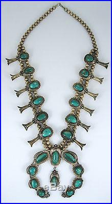 Vintage Navajo Sterling Silver Turquoise Squash Blossom 24 Necklace 227g