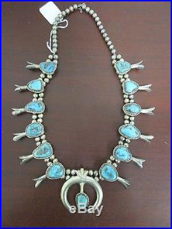 Vintage Navajo Sterling Silver & Turquoise Squash Blossom Isleta 26 Necklace
