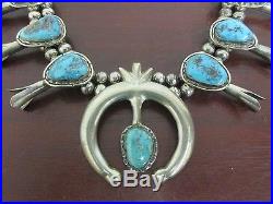 Vintage Navajo Sterling Silver & Turquoise Squash Blossom Isleta 26 Necklace
