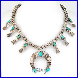 Vintage Navajo Sterling Silver Turquoise Squash Blossom Naja Choker Necklace G