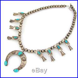 Vintage Navajo Sterling Silver Turquoise Squash Blossom Naja Choker Necklace G