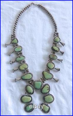 Vintage Navajo Sterling Silver Turquoise Squash Blossom Naja Necklace 14 long