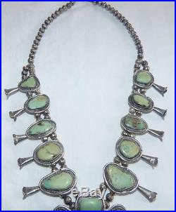 Vintage Navajo Sterling Silver Turquoise Squash Blossom Naja Necklace 14 long