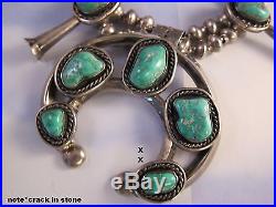 Vintage Navajo Sterling Silver & Turquoise Squash Blossom Naja Necklace 1940-50s